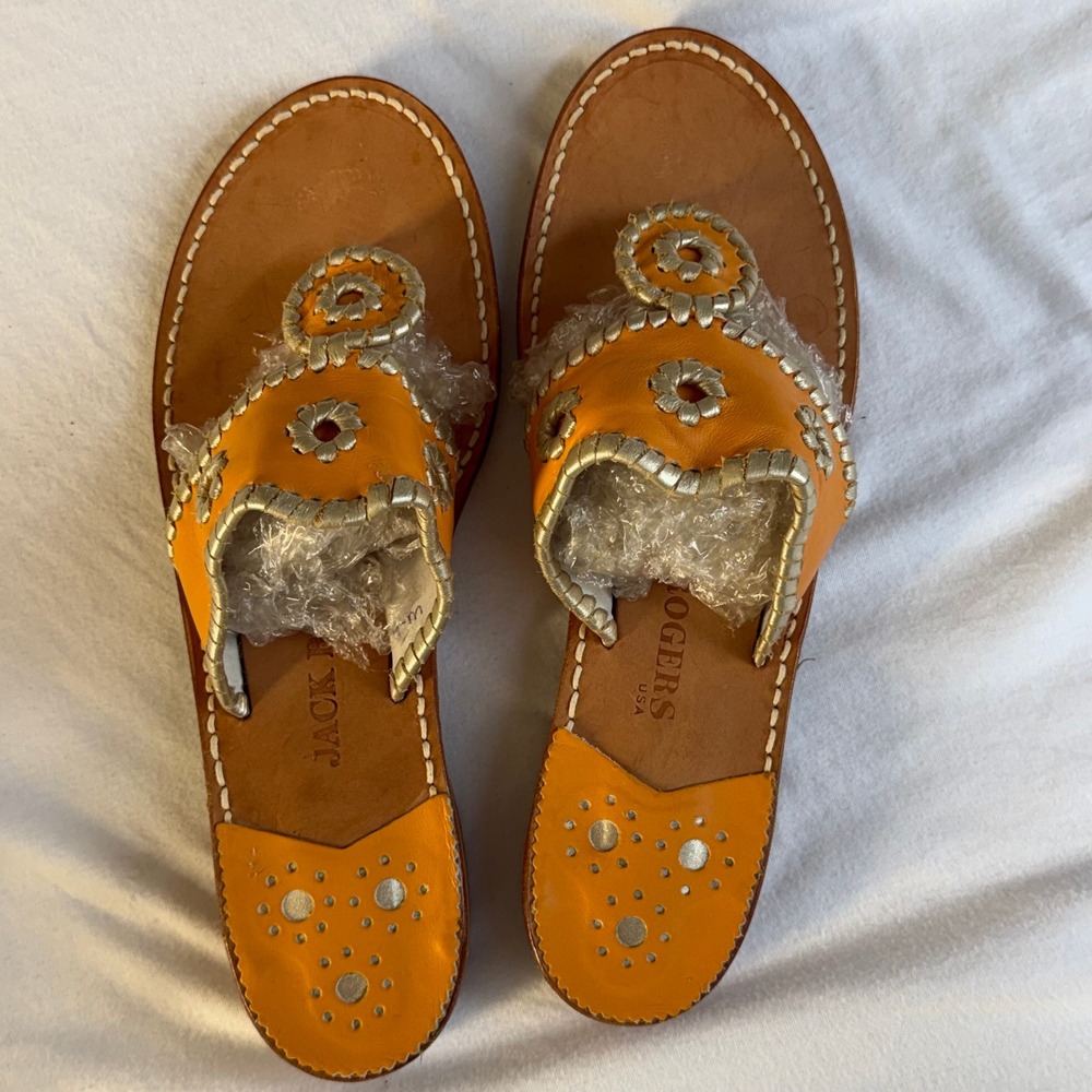 Jack Rogers Jacks Flat Sandals Orange Gold Whipstitch Leather Thong Size 9M EUC